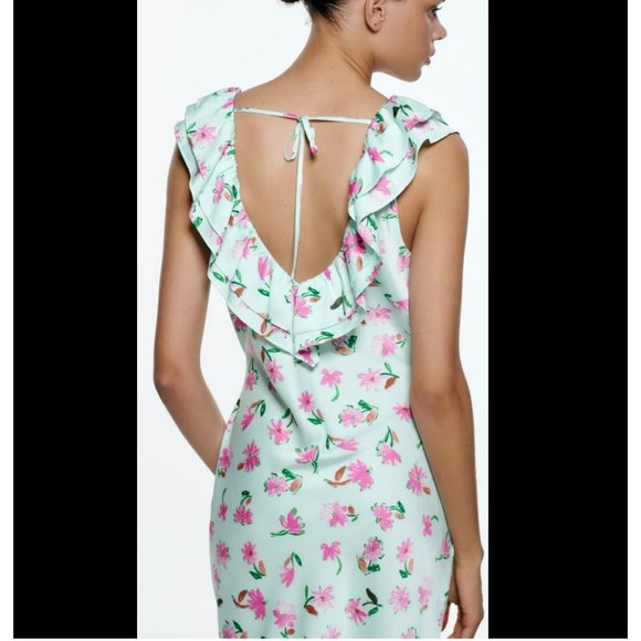 ZARA GREEN FLORAL PRINT SATIN MIDI DRESS WITH RUFFLE TRIMS SIZE S, NWT SS22 - Picture 10 of 10